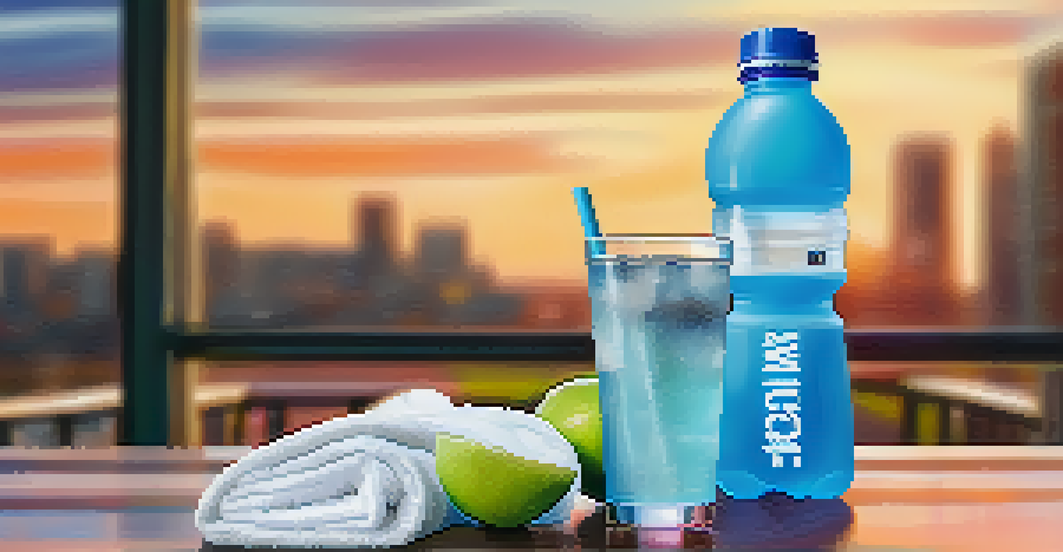 A glass of electrolyte drink on a gym bench, accompanied by a towel and water bottle, with a blurred workout area in the background.