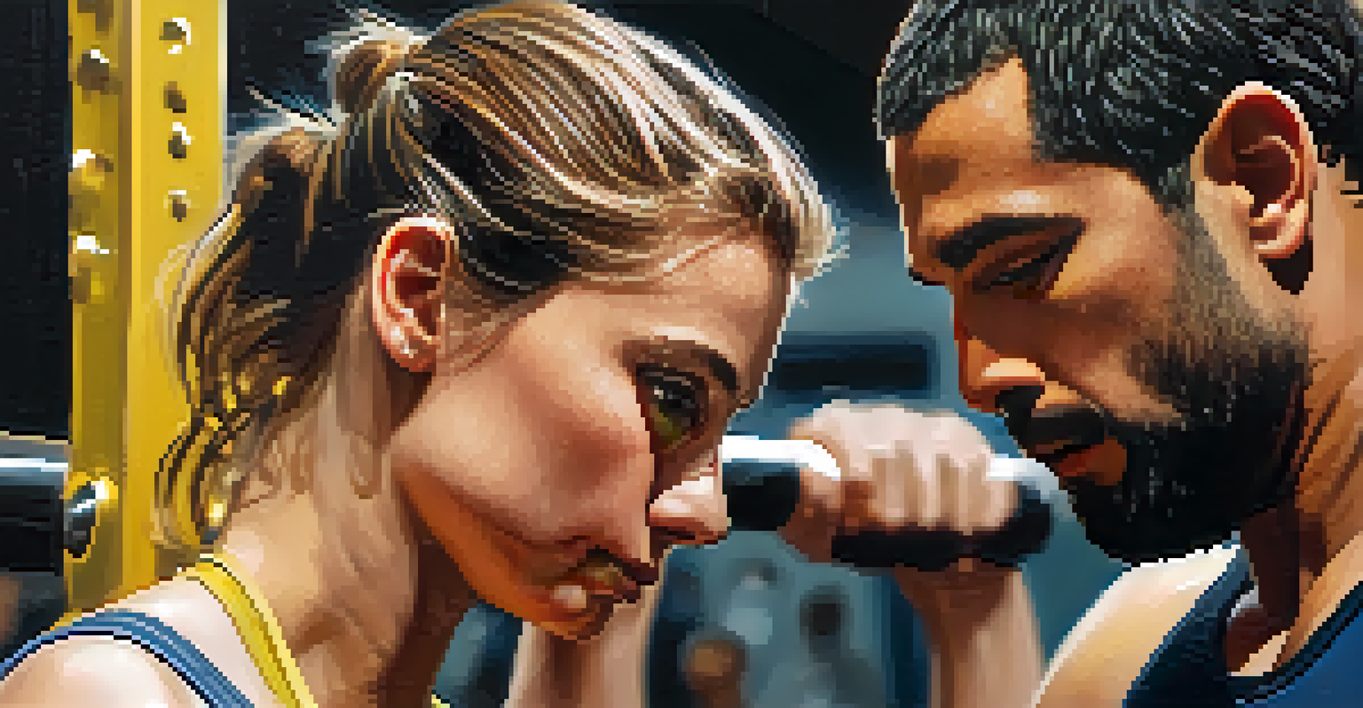 A close-up of two powerlifters communicating and preparing for a lift, highlighting trust and teamwork in a gym setting.