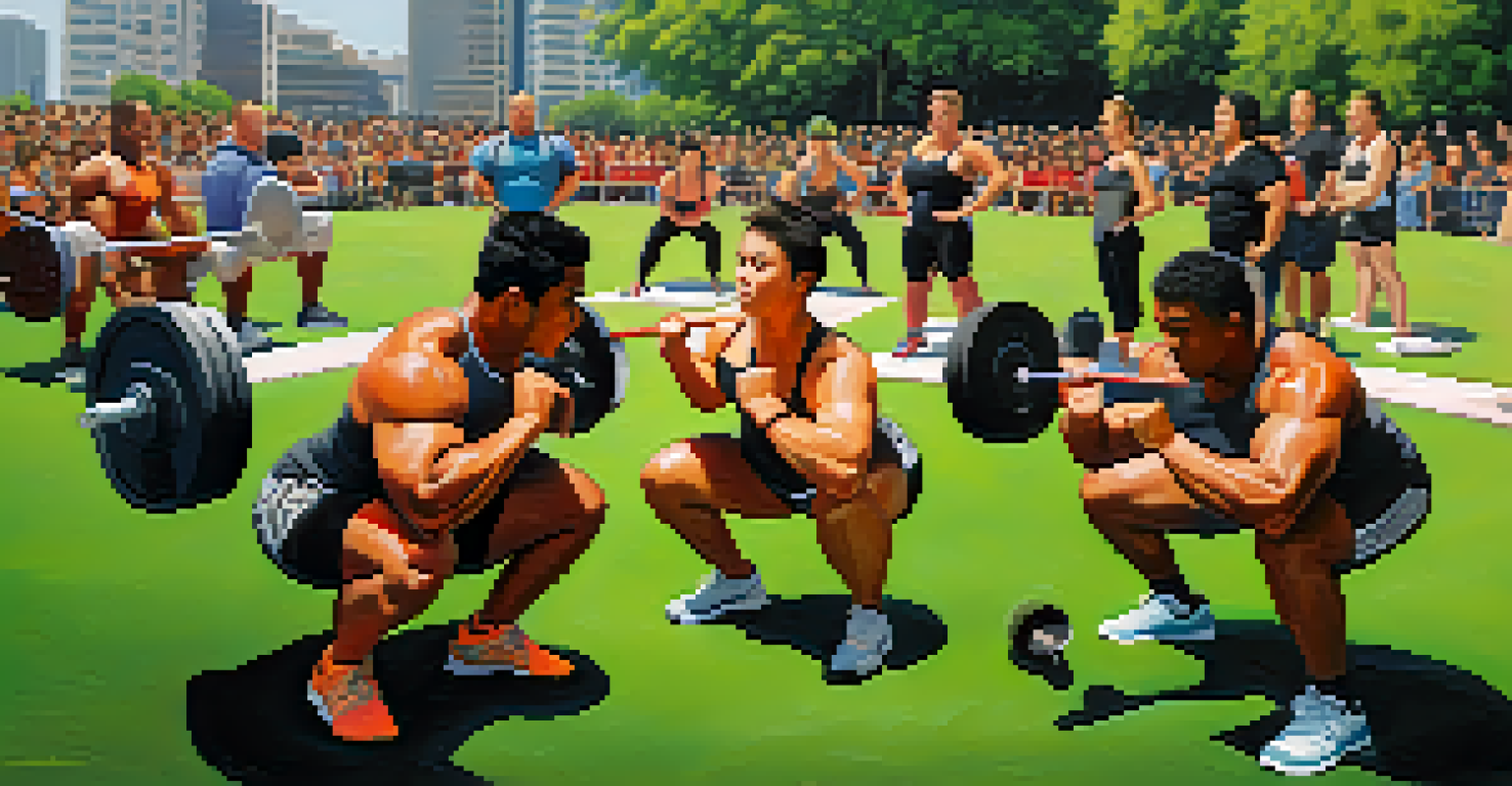 A vibrant outdoor scene with diverse athletes performing different squat variations, surrounded by greenery, showcasing strength and focus.