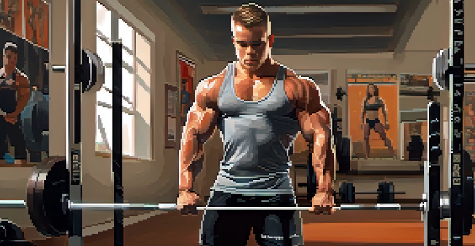 A powerlifter focused in front of a mirror, preparing for a competition with a determined expression and gym equipment around.