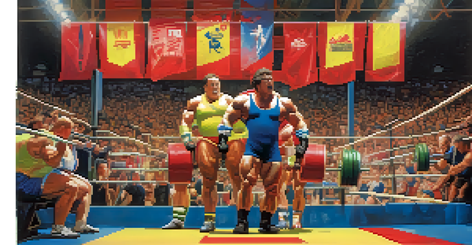 A lively powerlifting competition scene with athletes in colorful gear, cheering spectators, and bright lights, depicting the energy of the 1990s powerlifting culture.
