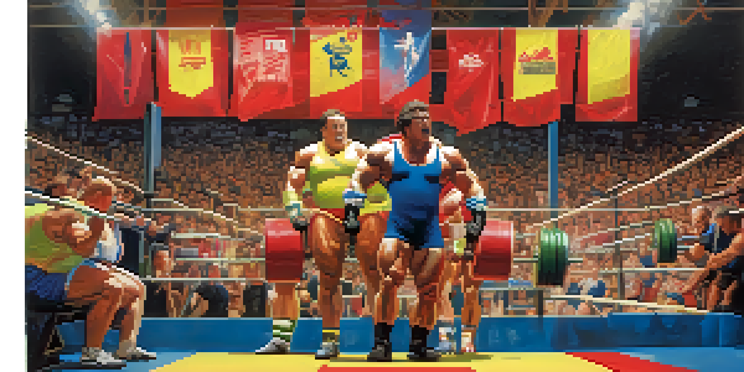 A lively powerlifting competition scene with athletes in colorful gear, cheering spectators, and bright lights, depicting the energy of the 1990s powerlifting culture.