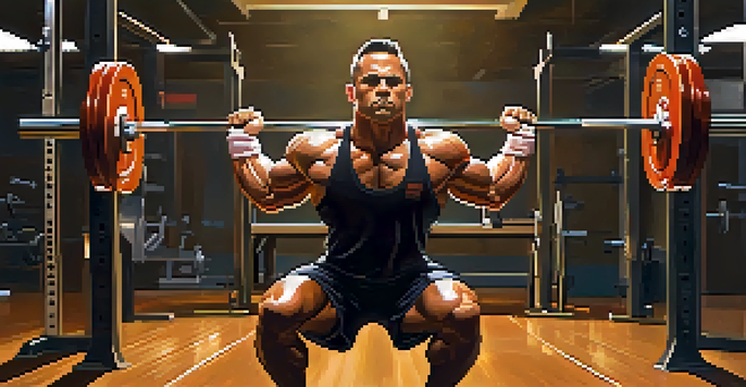 A focused powerlifter lifting a heavy barbell in a gym, with a determined expression and sweat on their forehead.