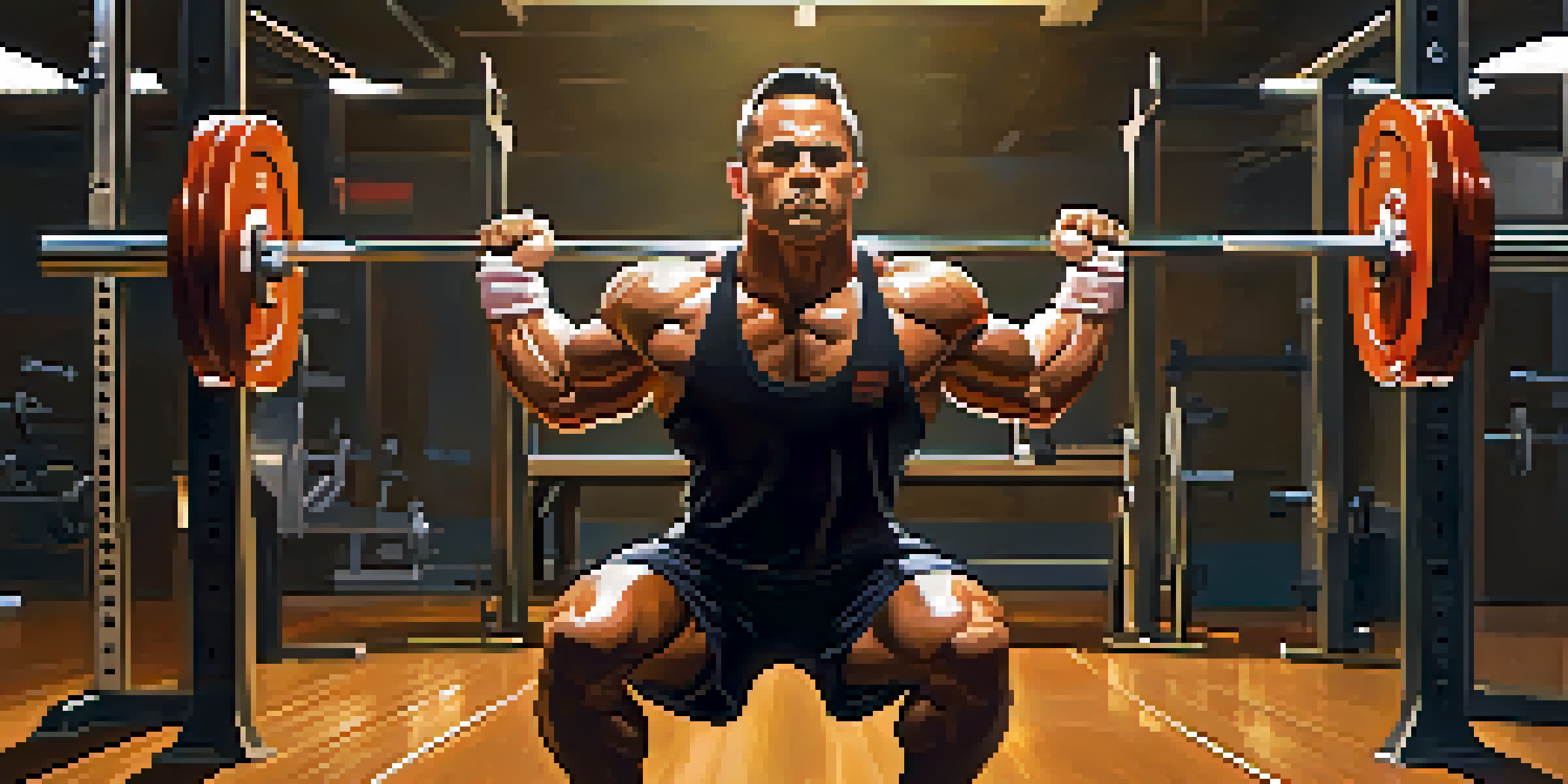 A focused powerlifter lifting a heavy barbell in a gym, with a determined expression and sweat on their forehead.