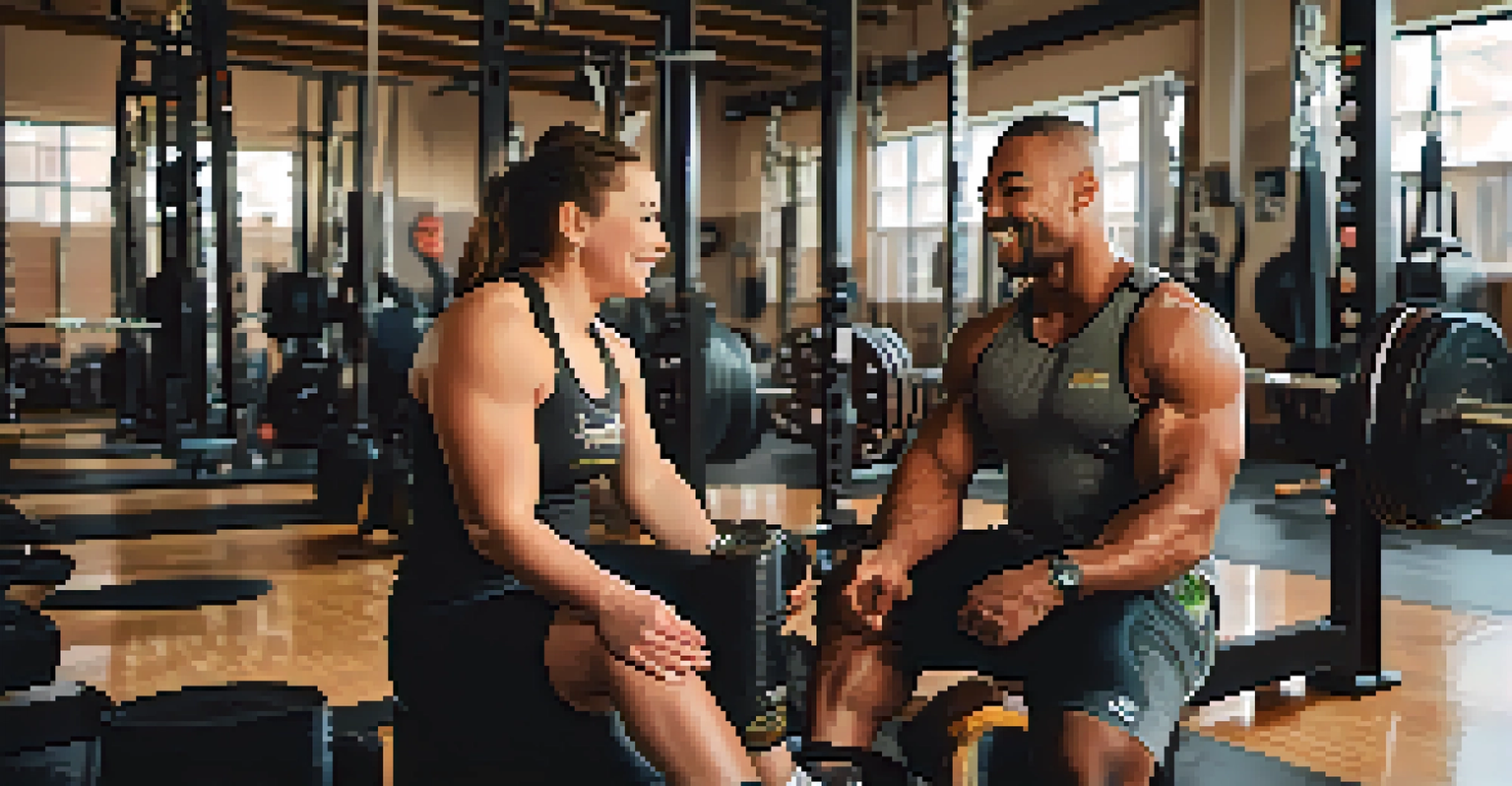 Two athletes sharing a laugh in a gym, surrounded by weightlifting equipment and motivational quotes, illustrating the supportive powerlifting community.