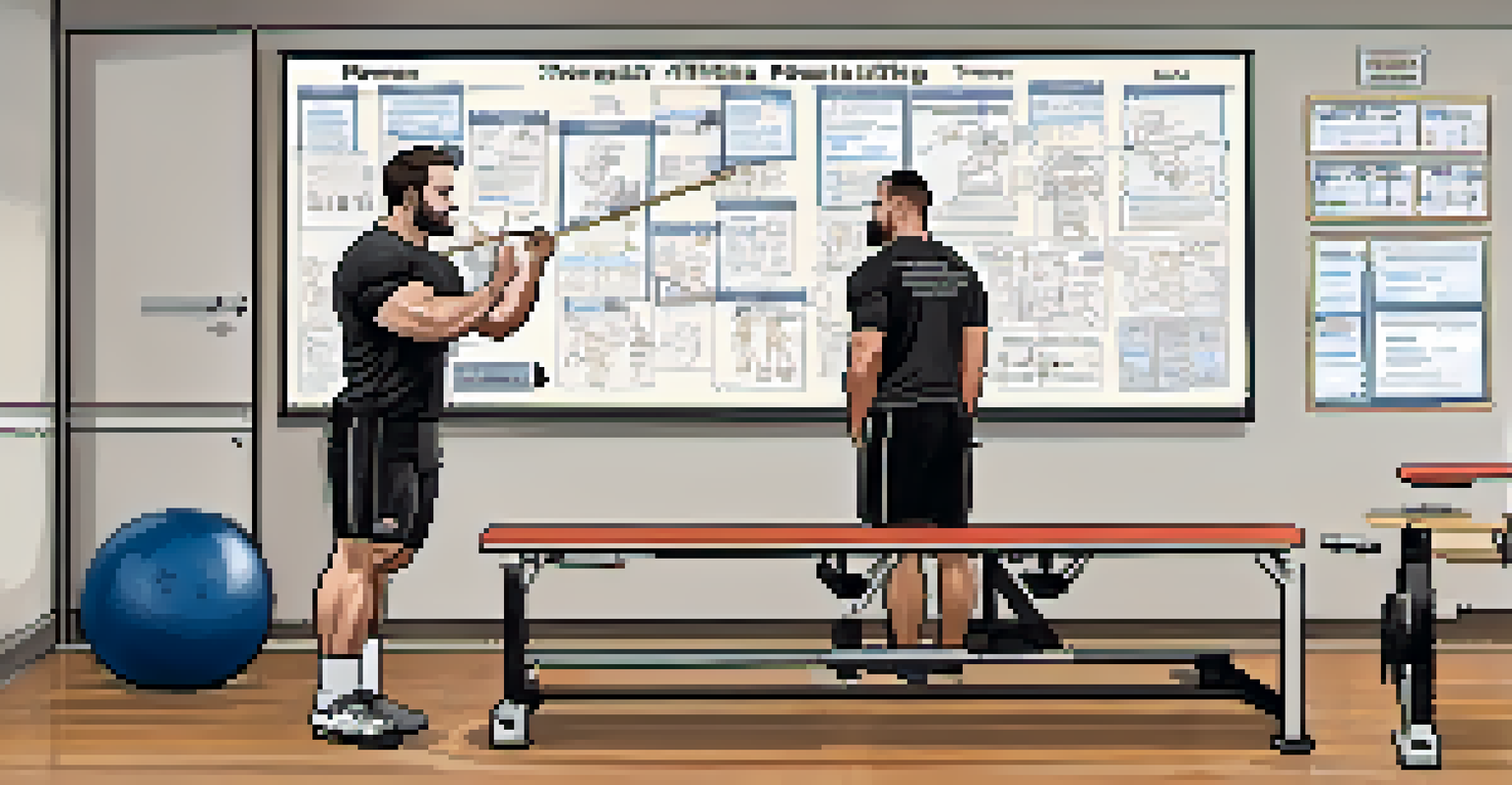 A powerlifting coach and physical therapist collaborating on a training plan in a bright gym environment, surrounded by equipment.