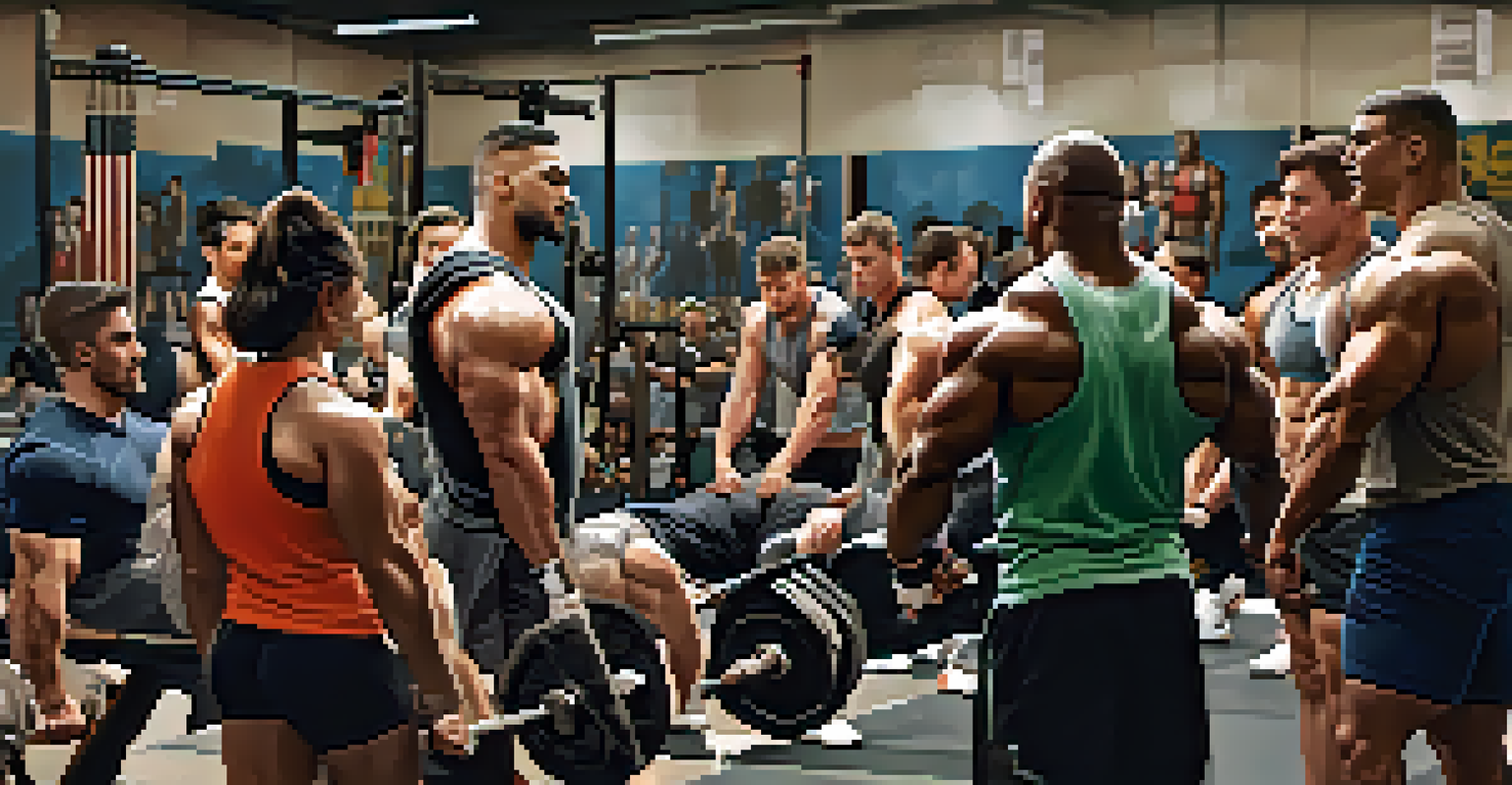 A diverse group of powerlifters in a gym, sharing tips and encouragement, emphasizing camaraderie and support.