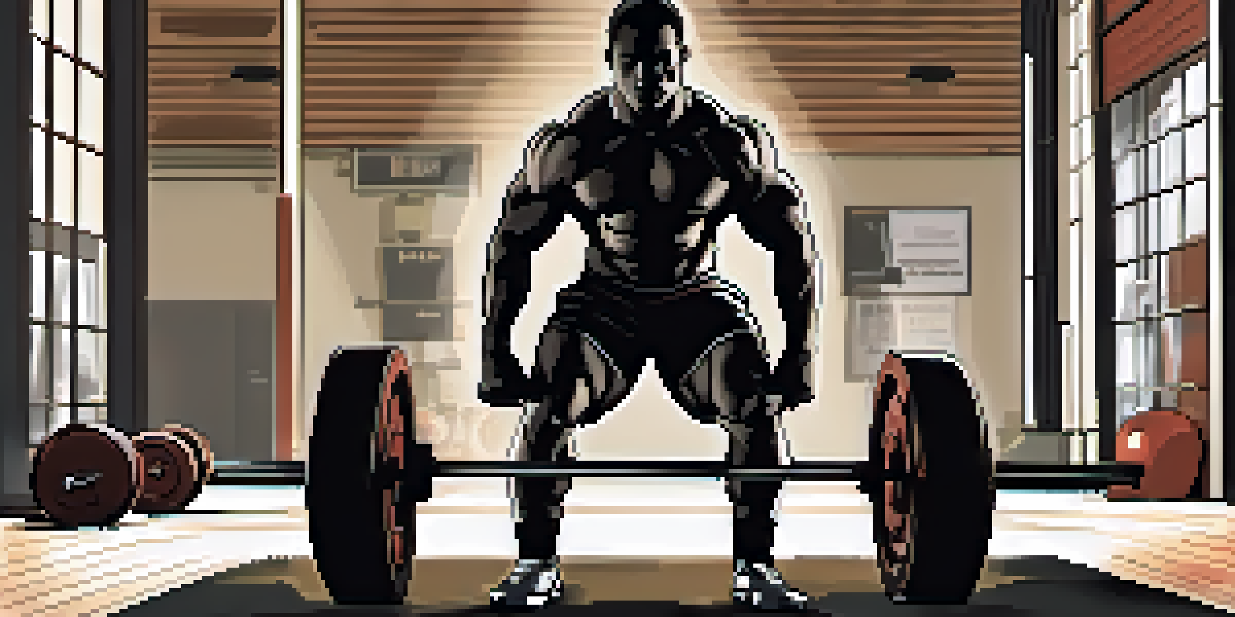 A muscular powerlifter preparing to perform a squat under a barbell in a well-lit gym.