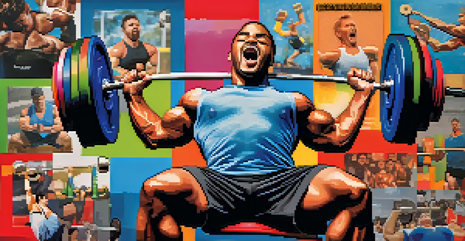 A motivational collage showing a powerlifting journey, with images of progress tracking, weightlifting, and celebration against a colorful background.