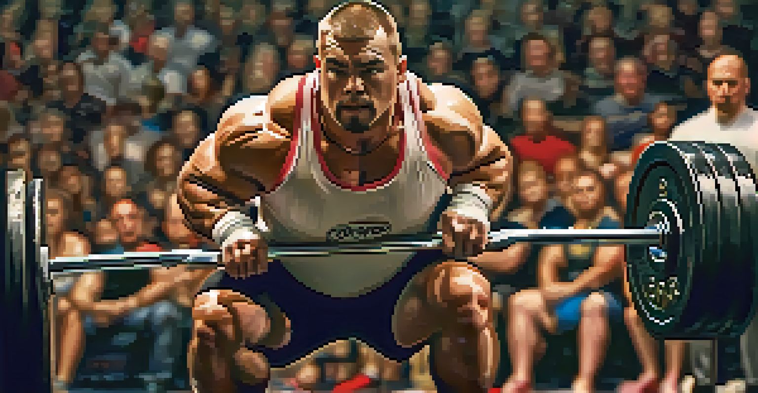 A powerlifter preparing to squat, with focused expression and detailed weights in the foreground.