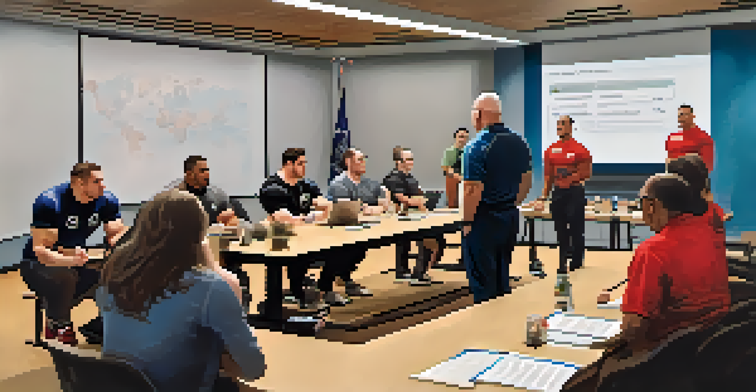 A group of powerlifting judges in training, discussing rules and criteria with a projector showing a lift video.