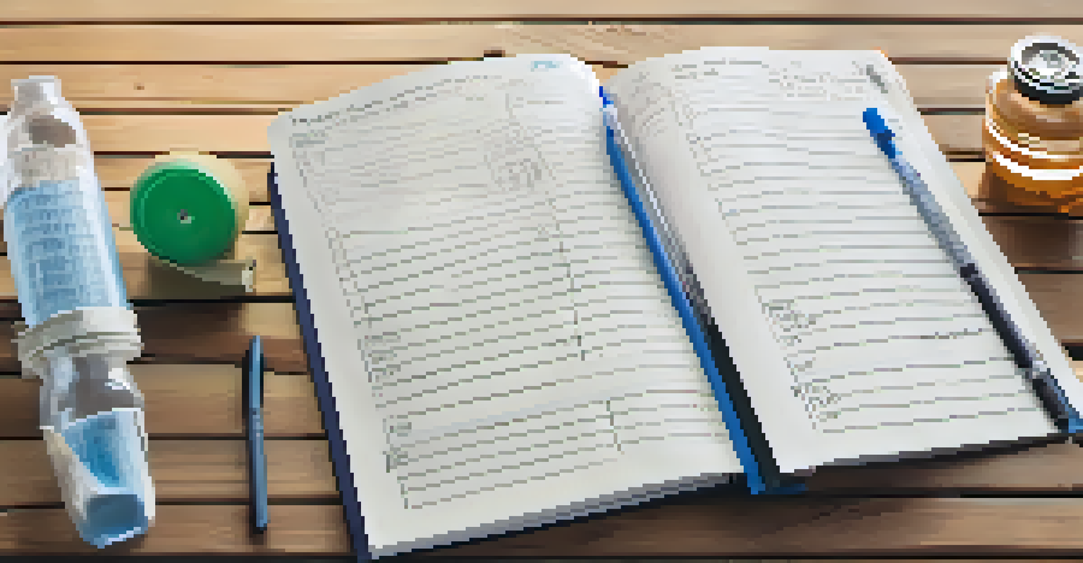 A fitness journal with handwritten notes, a pen, measuring tape, and a water bottle on a wooden table.