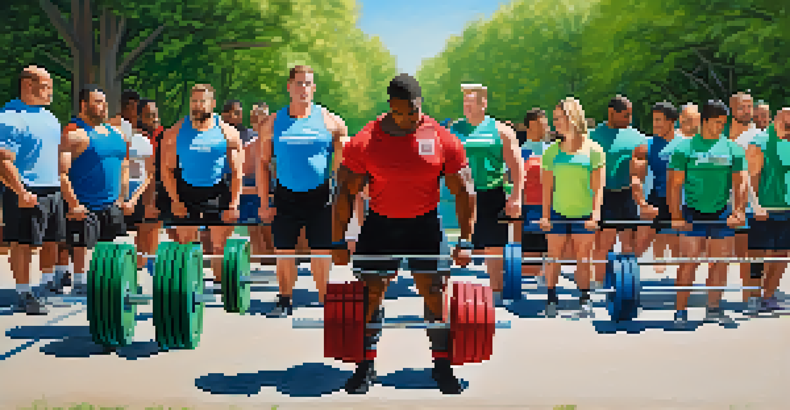 A diverse group of powerlifters training outdoors in a park, practicing their lifts with trees and a blue sky in the background.
