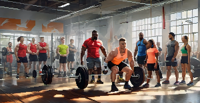 A diverse group of powerlifters, including individuals with different abilities, celebrating and supporting each other in a bright gym.