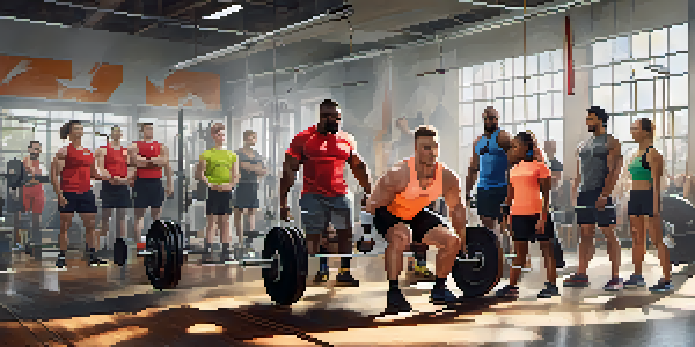 A diverse group of powerlifters, including individuals with different abilities, celebrating and supporting each other in a bright gym.