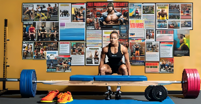 A corkboard vision board decorated with powerlifting images, motivational quotes, and personal progress photos, set in a bright home gym.