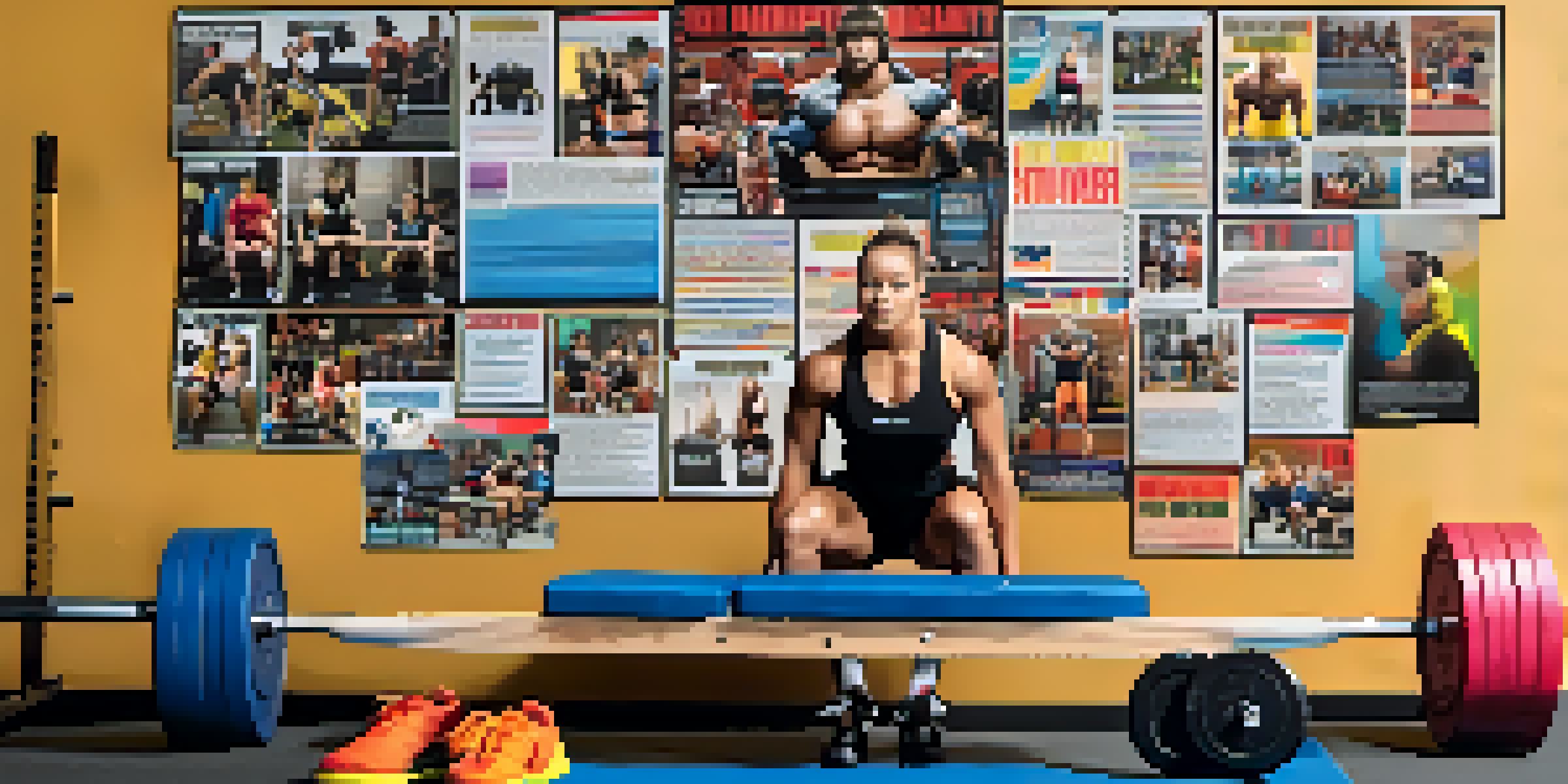 A corkboard vision board decorated with powerlifting images, motivational quotes, and personal progress photos, set in a bright home gym.