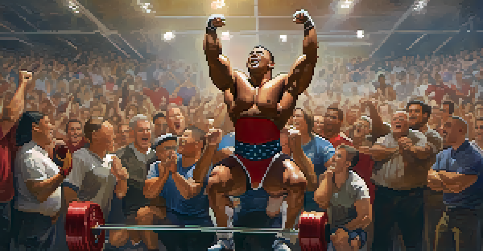 A lifter celebrating a personal record with teammates cheering in a competition setting.