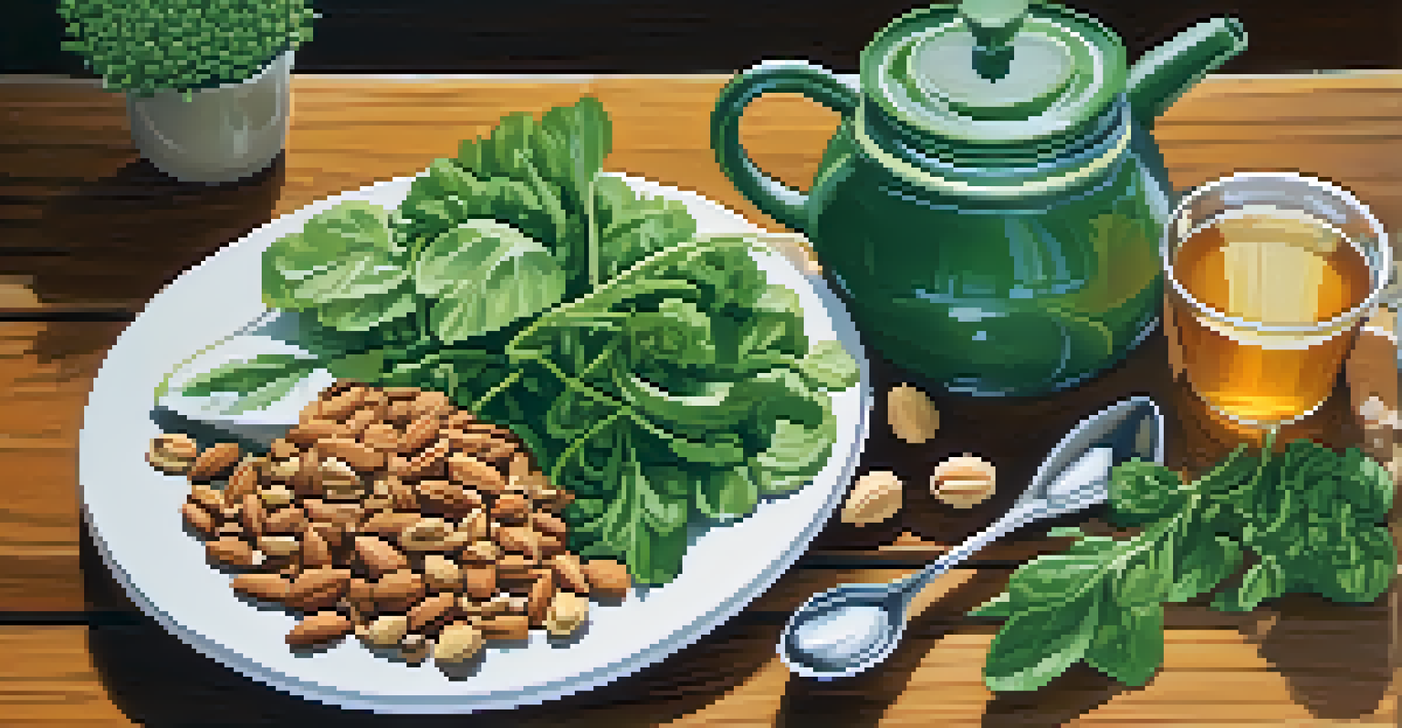 A nutritious meal featuring magnesium-rich foods and herbal tea, beautifully arranged on a wooden table.