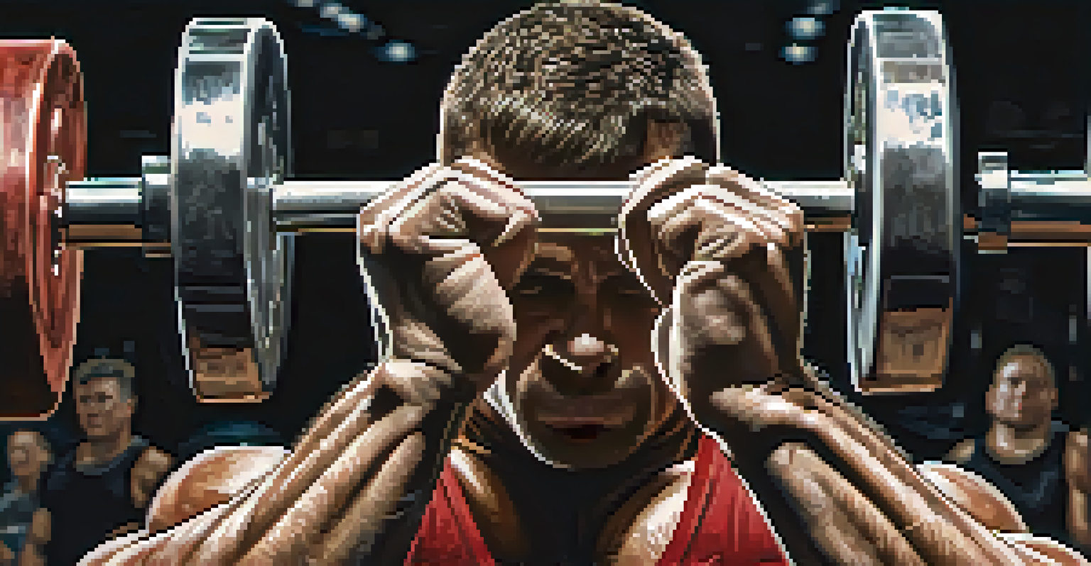 Close-up of a powerlifter's hands gripping a barbell, showcasing chalk dust and determination, with gym equipment in the background.