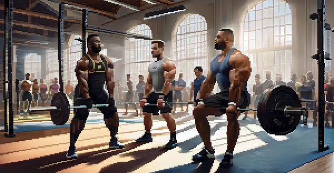 A diverse group of powerlifters practicing together in a gym, sharing techniques and providing feedback.