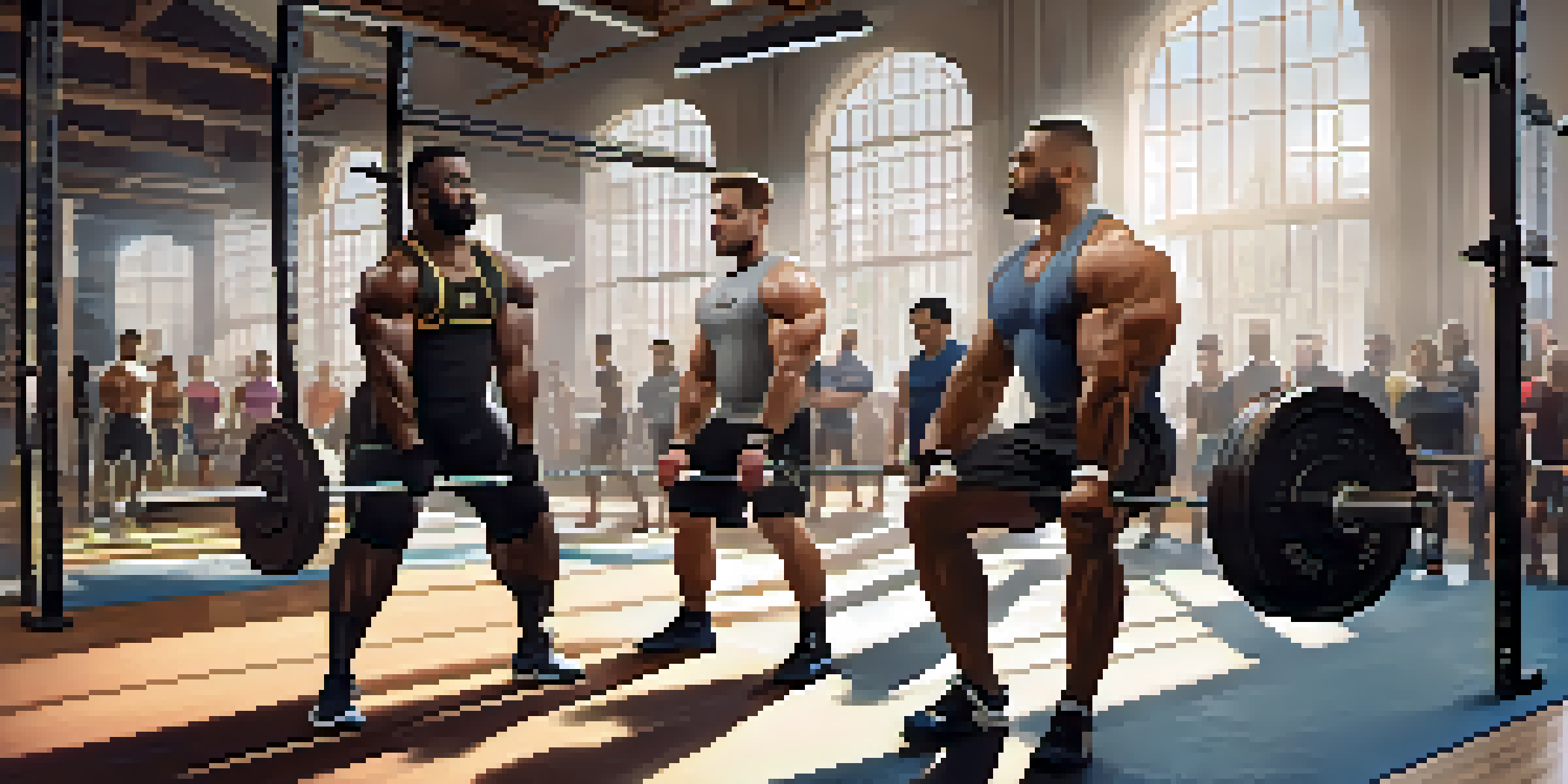 A diverse group of powerlifters practicing together in a gym, sharing techniques and providing feedback.