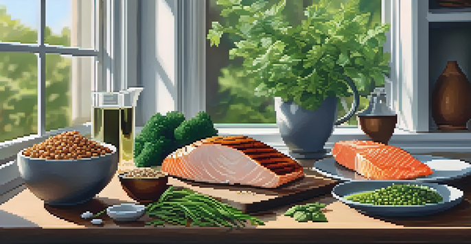 A kitchen with various protein sources like grilled chicken, lentils, and salmon on a cutting board, surrounded by herbs and spices with sunlight coming through a window.