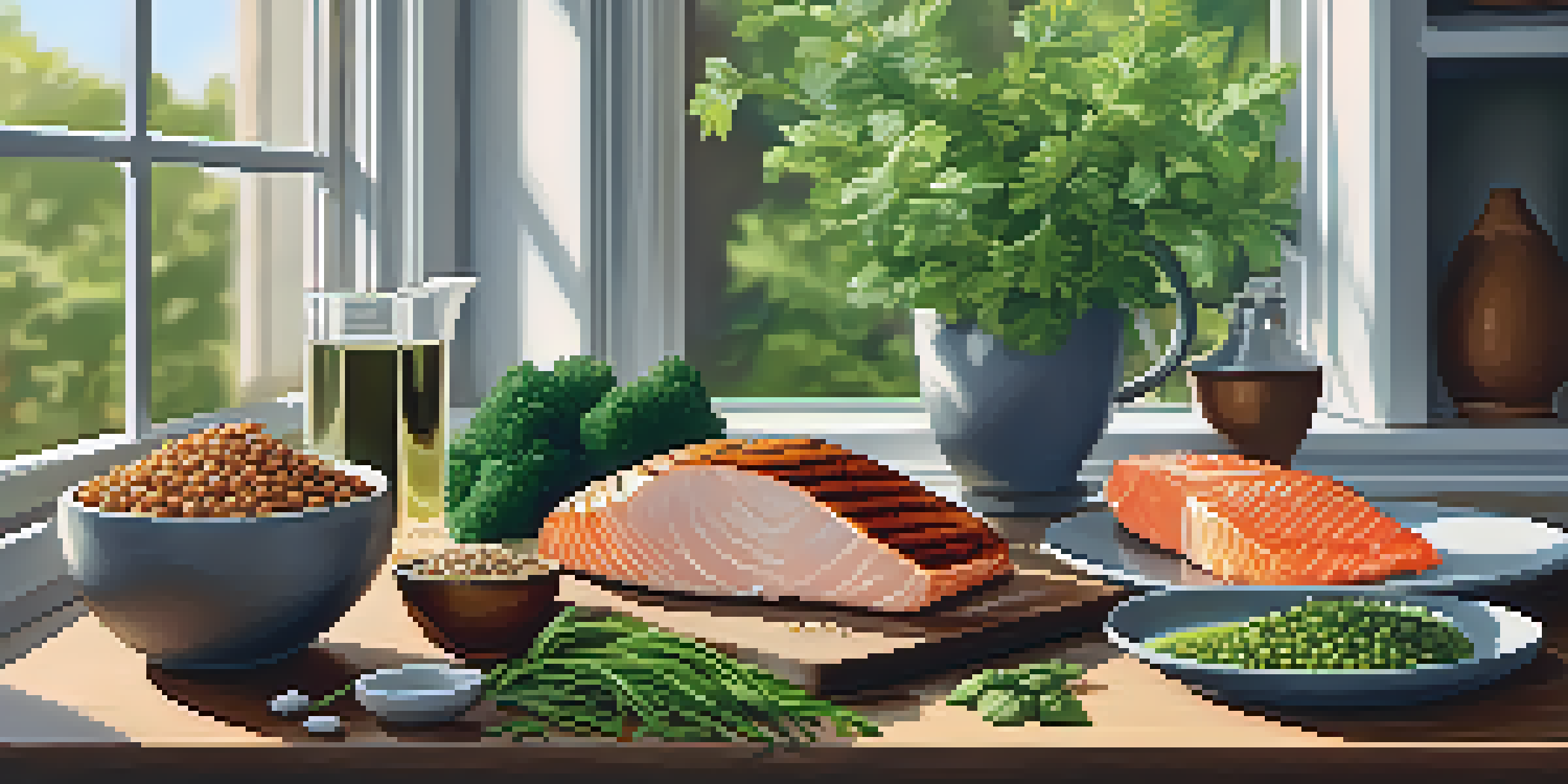 A kitchen with various protein sources like grilled chicken, lentils, and salmon on a cutting board, surrounded by herbs and spices with sunlight coming through a window.