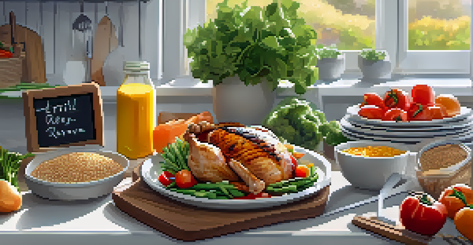 A kitchen displaying a balanced meal prep with grilled chicken and vegetables, highlighting nutrition for fitness.