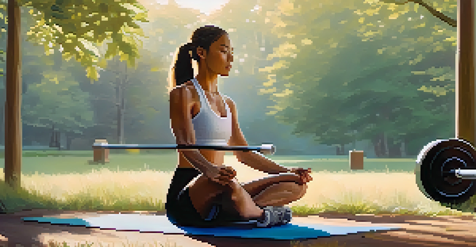 A person practicing mindfulness before lifting weights outdoors at sunrise, surrounded by nature.