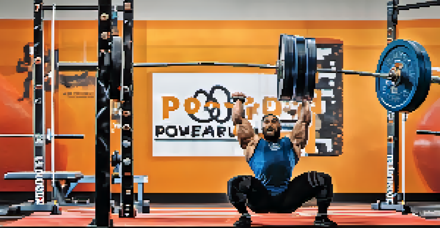 A split-screen image of a powerlifter showcasing their successful lift and training routine, with colorful graphics and hashtags.