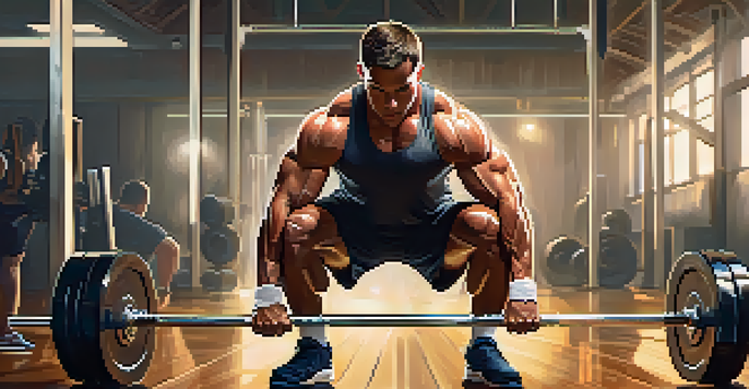 A determined powerlifter performing a squat with a barbell in a well-lit gym, emphasizing their strength and focus.