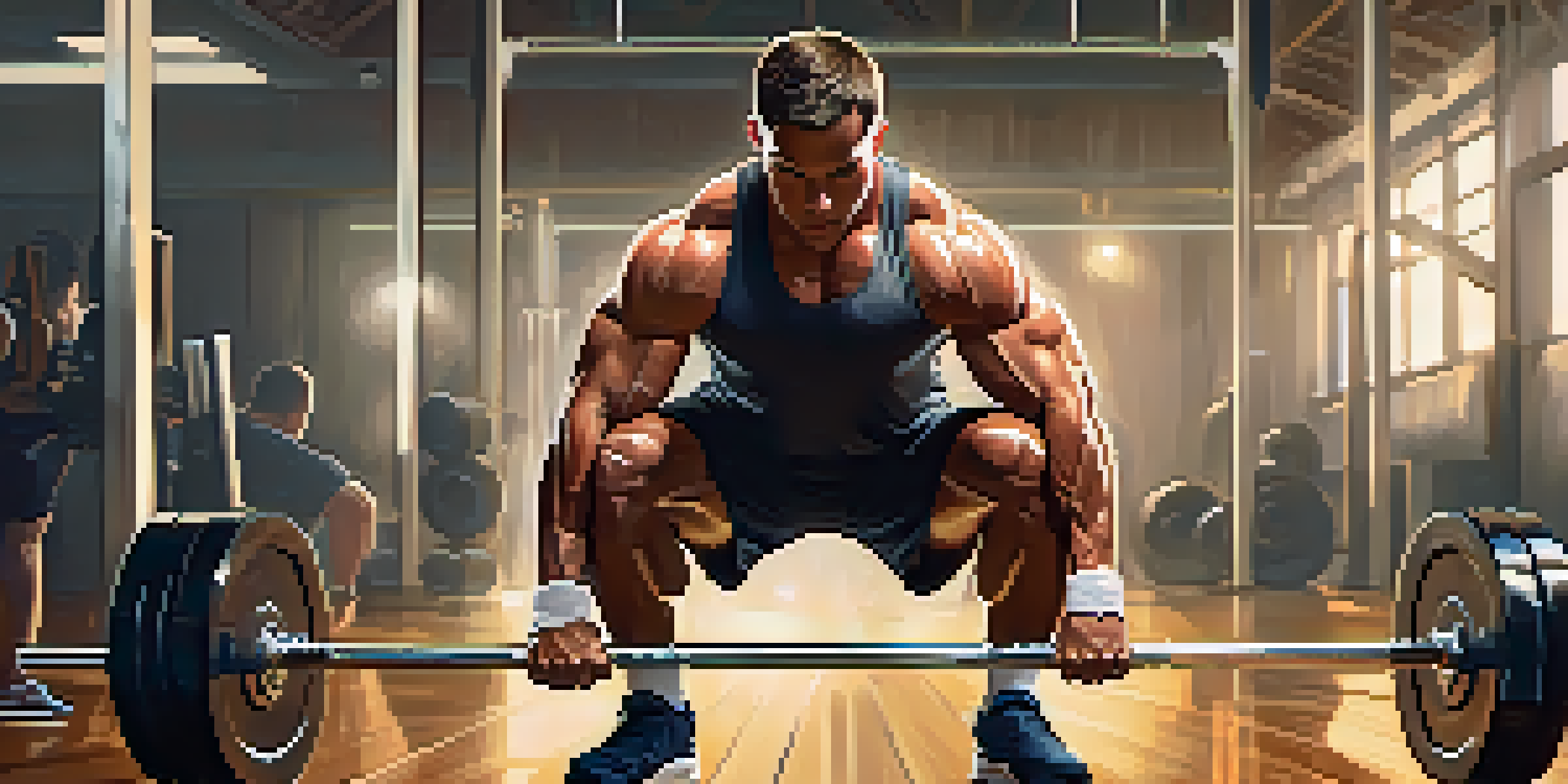 A determined powerlifter performing a squat with a barbell in a well-lit gym, emphasizing their strength and focus.