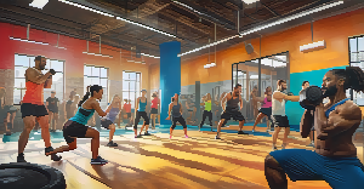 A diverse group of participants in a CrossFit class engaged in various high-intensity exercises.
