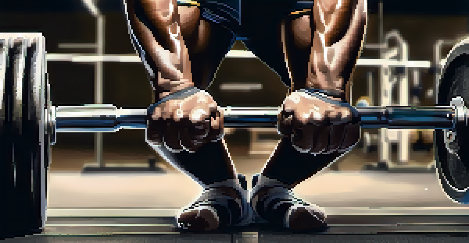 Close-up of a powerlifter's hands gripping a barbell with chalk dust in a gym setting.