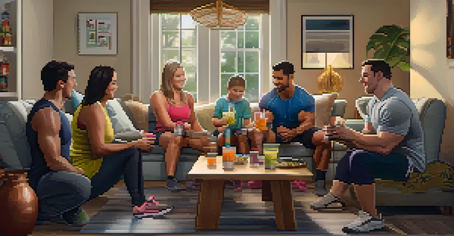 A family gathered in a cozy living room, discussing powerlifting goals and sharing tips over healthy snacks and protein shakes, emphasizing support and bonding.