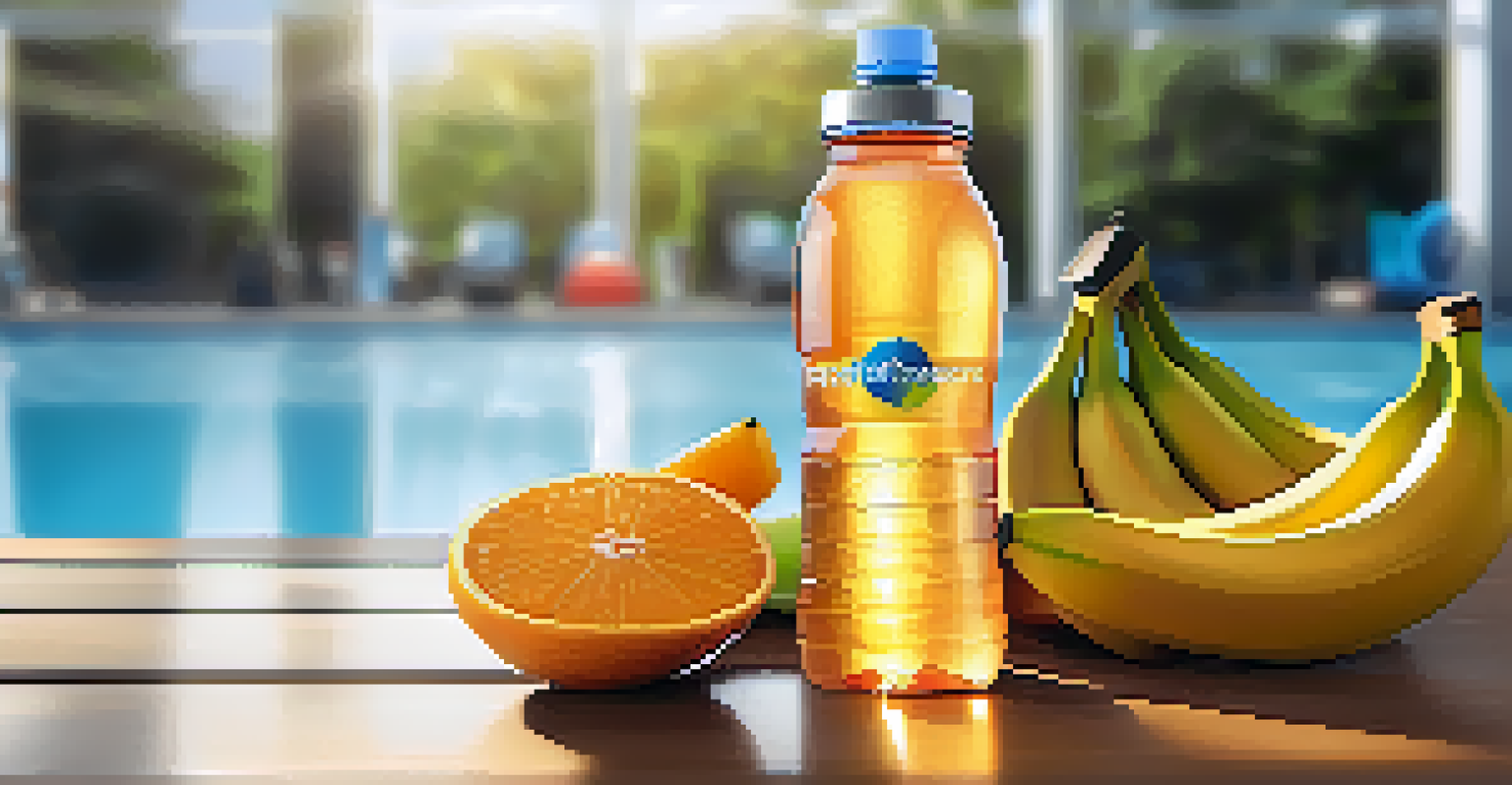 Hydration essentials including a water bottle and fruits on a gym bench.
