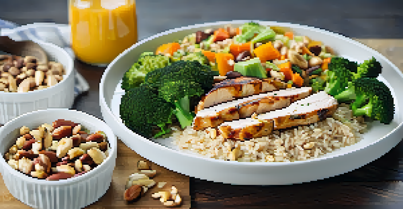 A nutritious meal prep for powerlifters, featuring chicken, rice, and broccoli with nuts and water in the background.