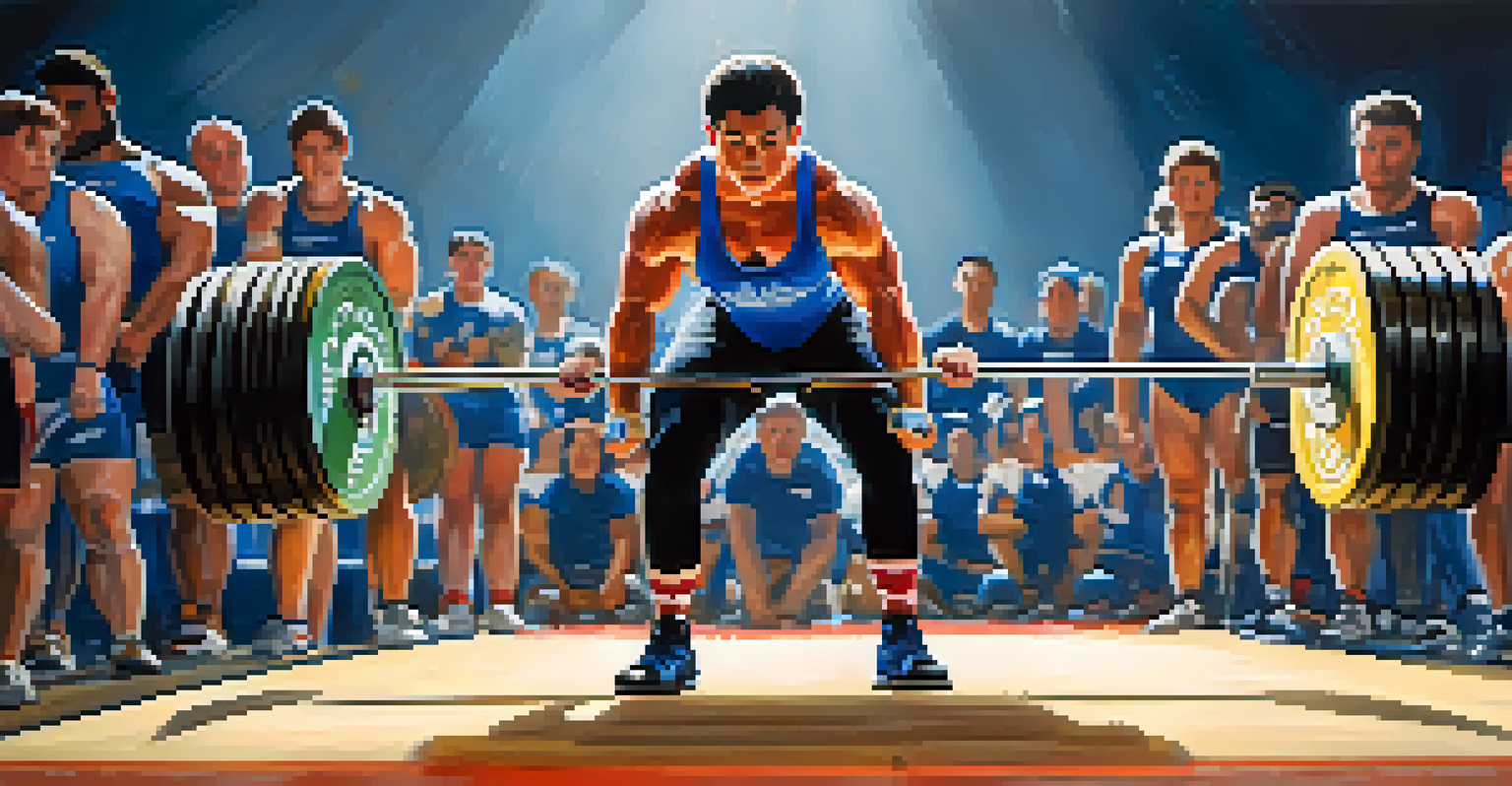Powerlifting competition where an athlete is performing a deadlift with a focused expression and cheering crowd in the background.
