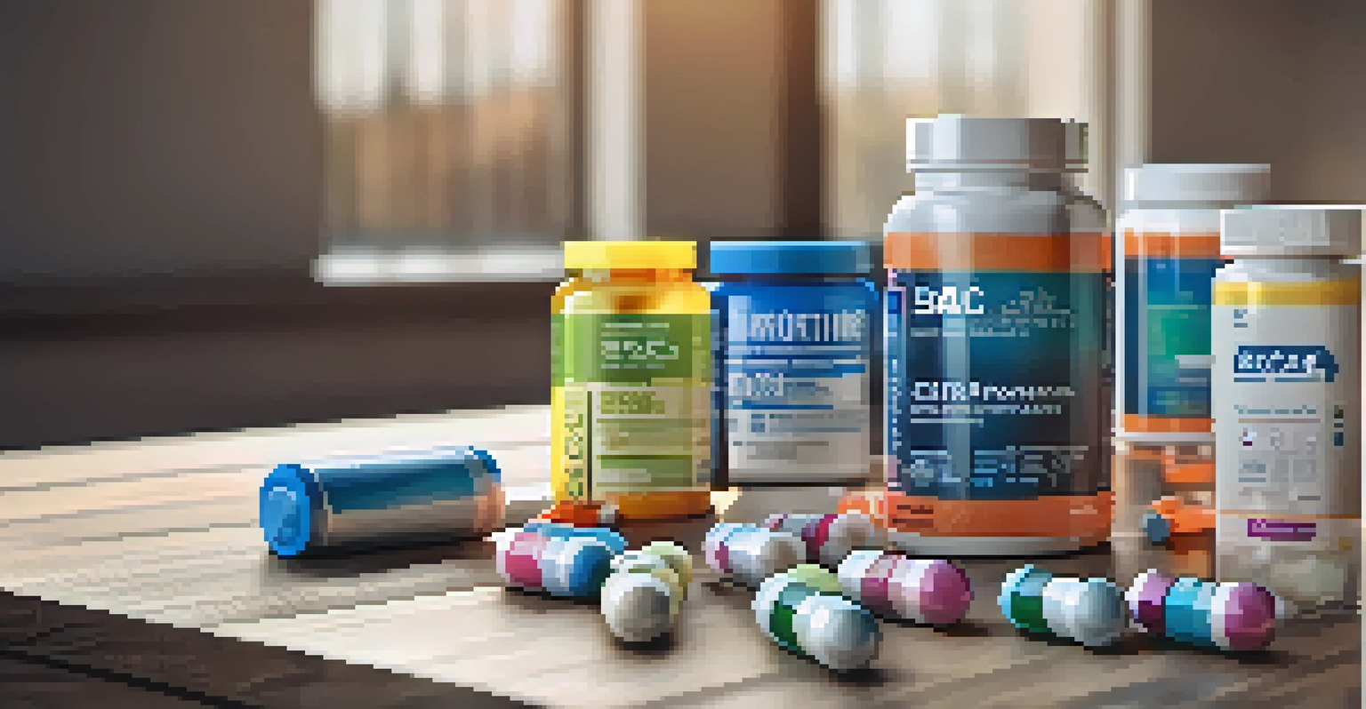 A selection of fitness supplements including BCAA capsules, creatine powder, and a shaker bottle on a wooden surface, with a blurred gym in the background.