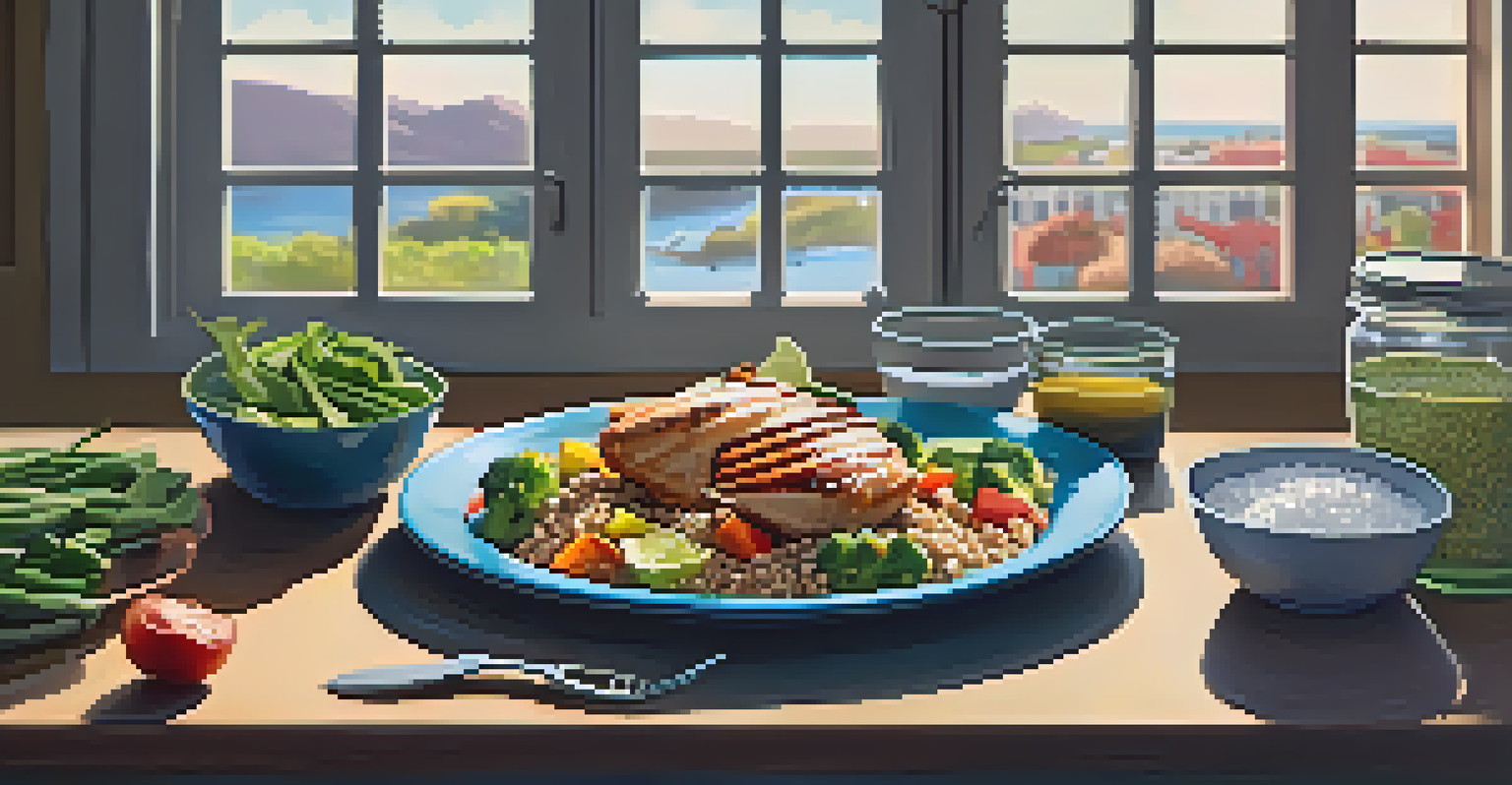 Healthy meal prep with grilled chicken, quinoa, and fresh vegetables on a table.