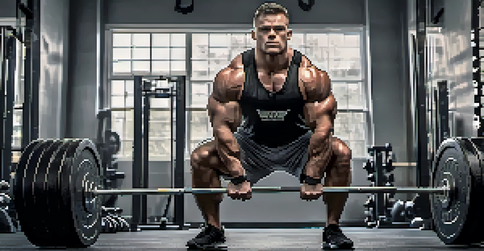 A focused powerlifter squatting with a barbell in a well-lit gym, surrounded by gym equipment and motivational posters.