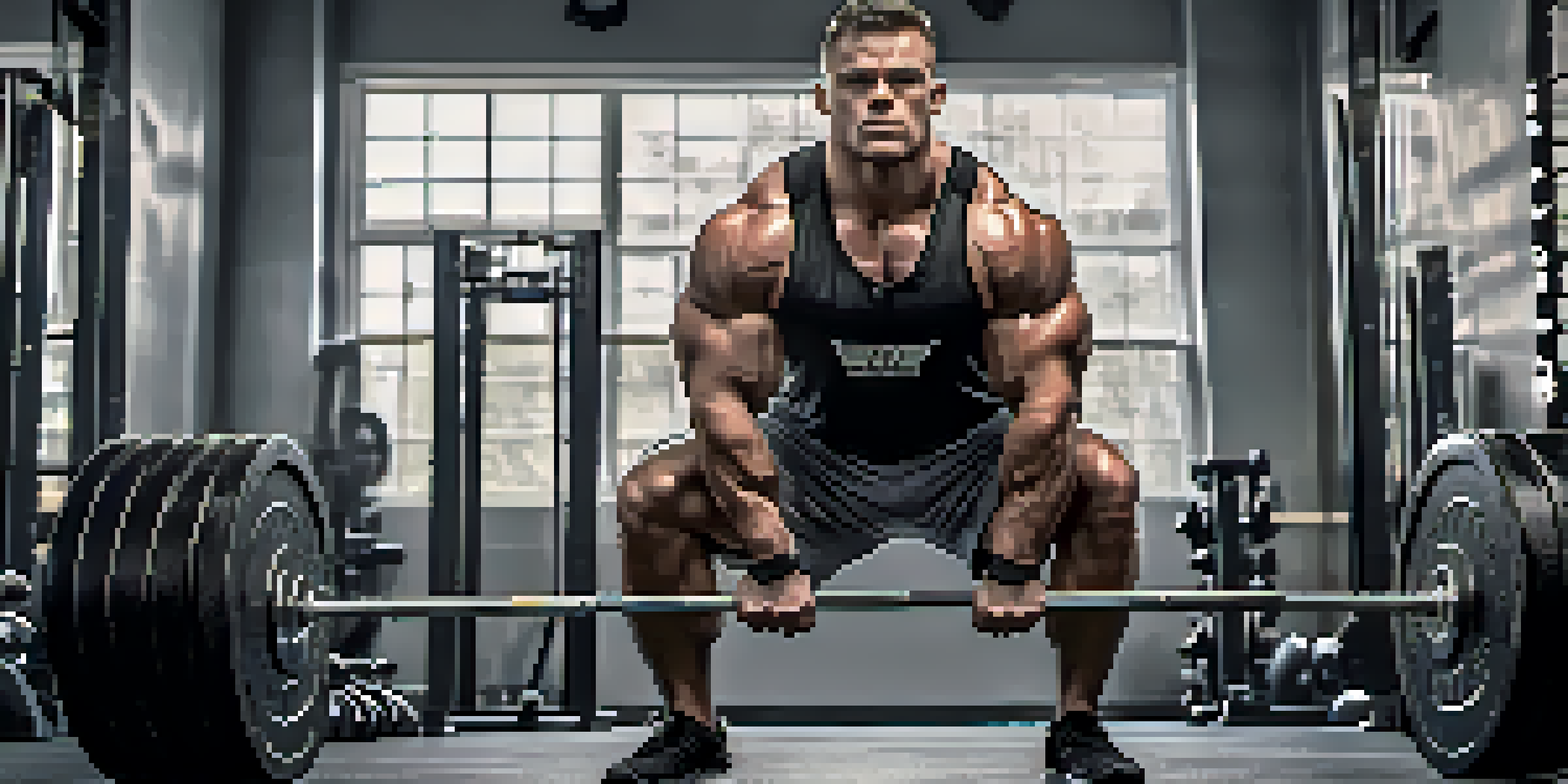 A focused powerlifter squatting with a barbell in a well-lit gym, surrounded by gym equipment and motivational posters.