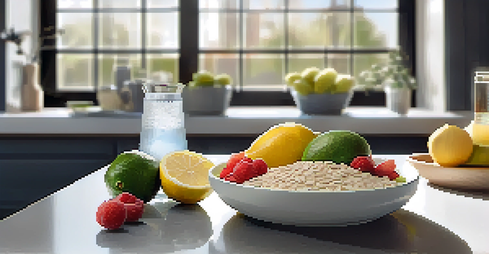 A kitchen countertop displaying a variety of healthy pre-workout meals including oatmeal, grilled chicken, avocado, and a glass of water.