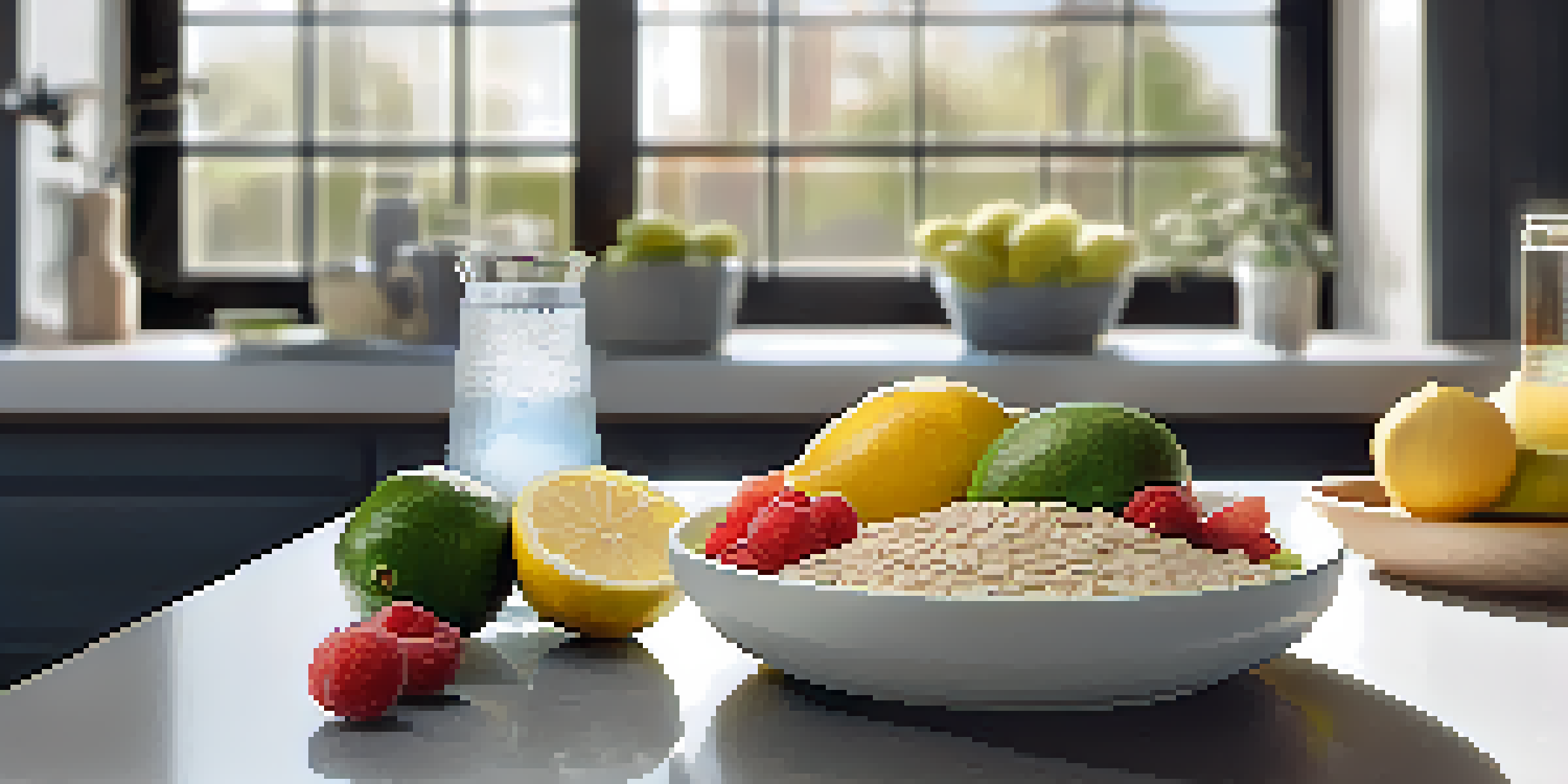 A kitchen countertop displaying a variety of healthy pre-workout meals including oatmeal, grilled chicken, avocado, and a glass of water.