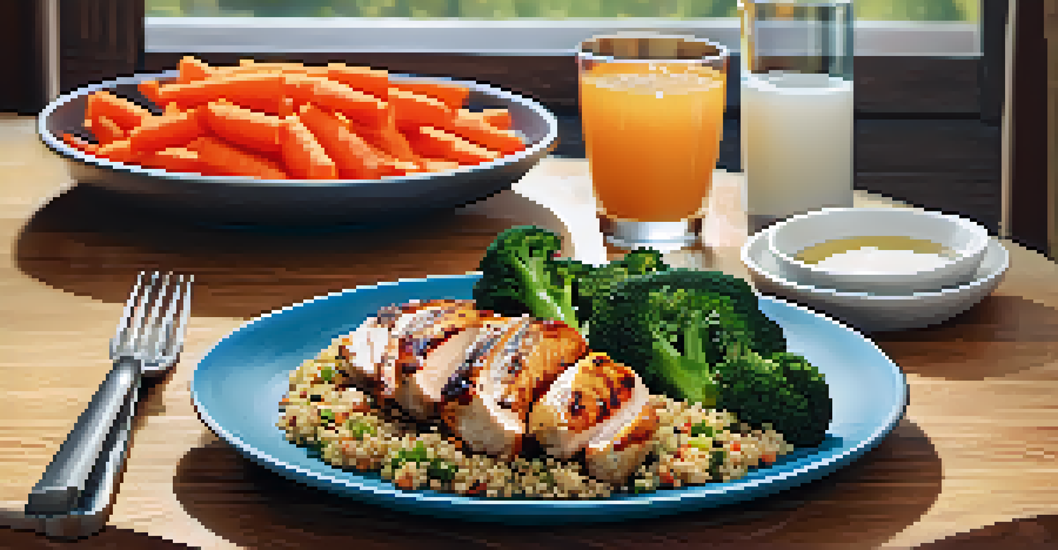A nutritious meal for a powerlifter, showcasing grilled chicken, quinoa, and vegetables on a table.
