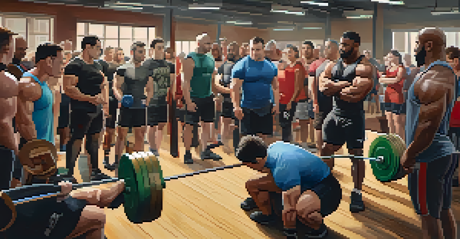 A supportive group of powerlifting enthusiasts sharing techniques and encouraging each other in a gym setting.