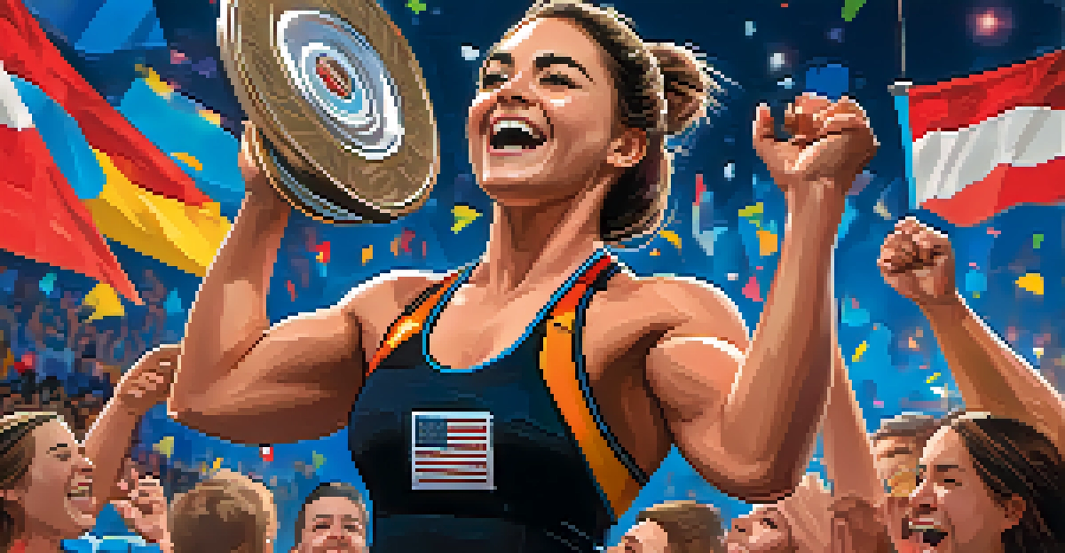A female powerlifter standing on a podium, holding a trophy with a joyful expression, surrounded by cheering supporters and colorful banners.