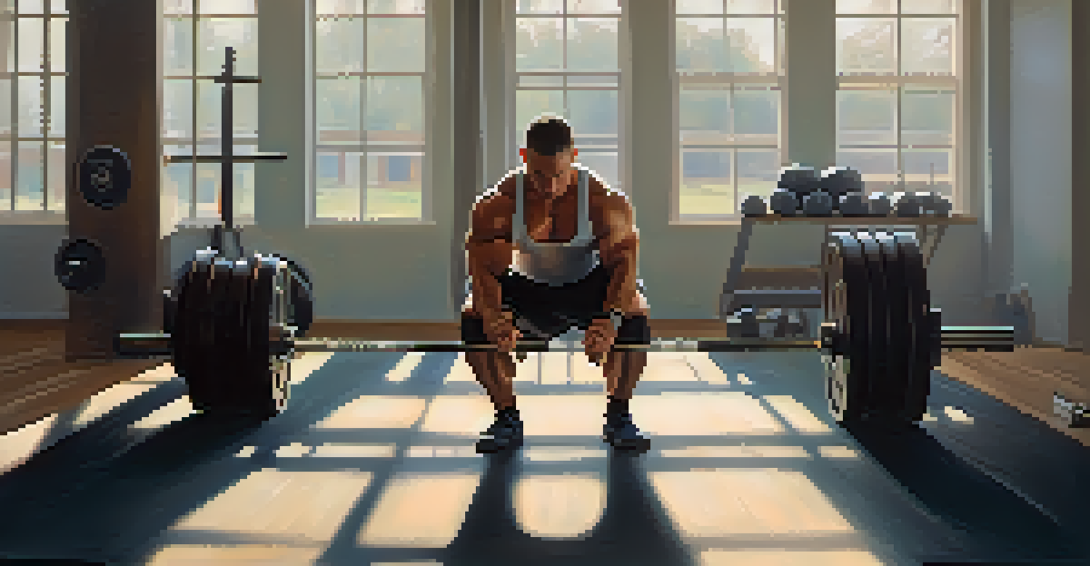 A powerlifter practicing mindfulness on a mat in a gym, exuding calmness and focus.
