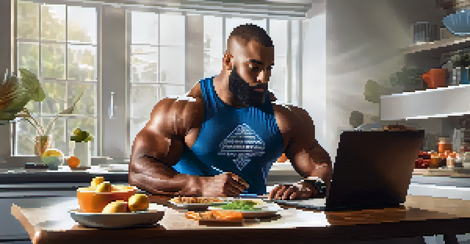 A powerlifter reviewing a personalized nutrition plan on a laptop at a kitchen table, surrounded by healthy snacks.